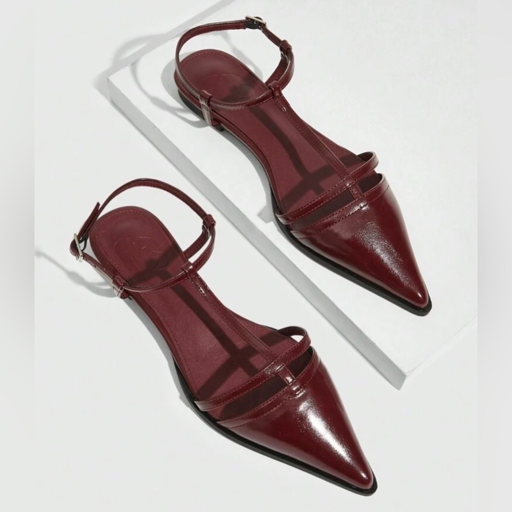 Burgundy T-Strap Pointed Comfort Flat Sandal NEW
